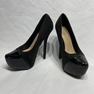 Women’s size 6.5 Diva Lounge black suade & vinyl stiletto platform heels